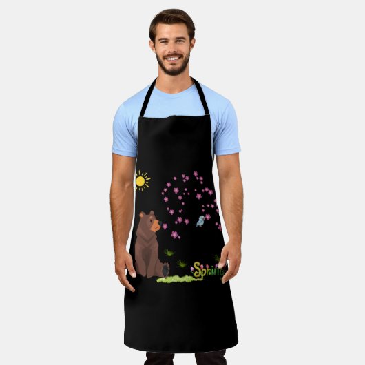 クマは咲く木と鳥を観察する エプロン (着用した状態)