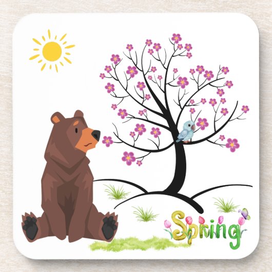 クマは咲く木と鳥を観察する コースター (正面)