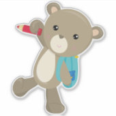 クマは学校に行く、かわいいクマ、バックパック、鉛筆 シール (正面)