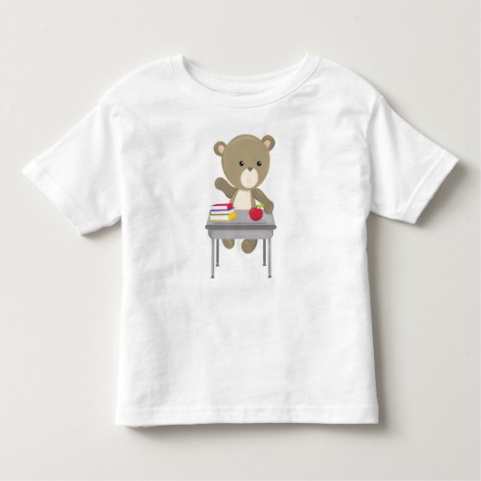 クマは学校に行く，かわいいクマ，ブラウンベア，机 トドラーTシャツ (正面)