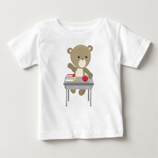 クマは学校に行く，かわいいクマ，ブラウンベア，机 ベビーTシャツ (正面)