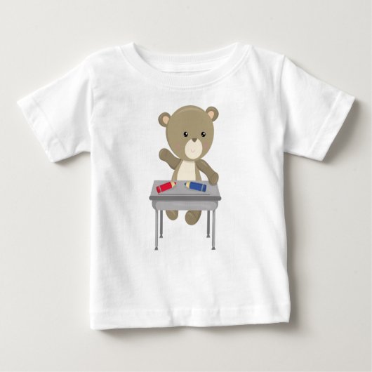 クマは学校に行く,ブラウンベア,かわいいクマ,机 ベビーTシャツ (正面)