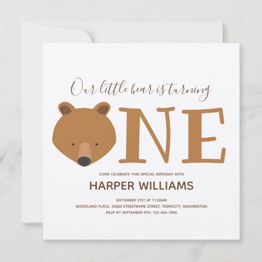 クマは銀の動物最初の誕生日 招待状 (正面)