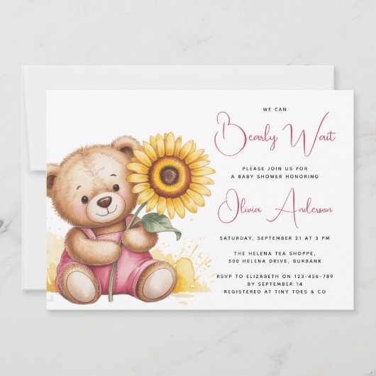 クマひまわり素朴真珠のように待つ赤ちゃんシャワー 招待状 (正面)