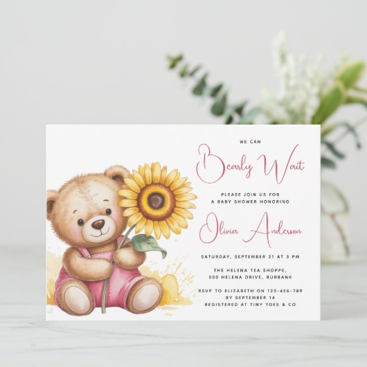 クマひまわり素朴真珠のように待つ赤ちゃんシャワー 招待状 (スタンド正面)