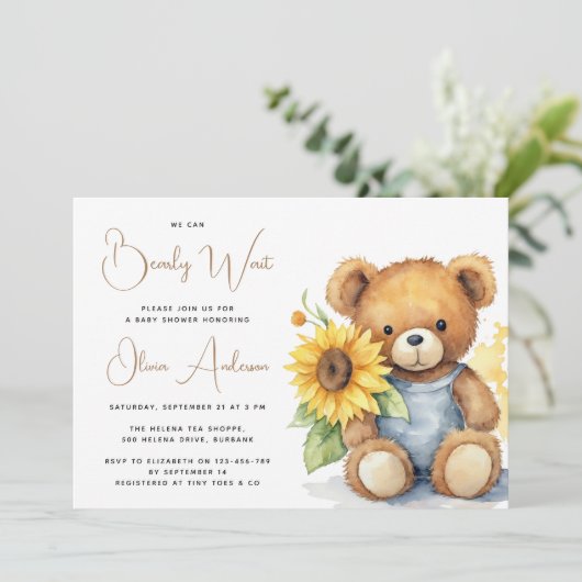 クマひまわり素朴真珠のように待つ赤ちゃんシャワー 招待状 (スタンド正面)
