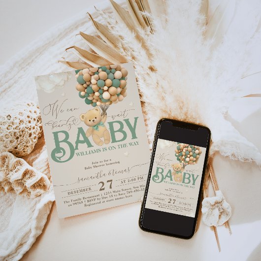 クマをテーマにした緑のバルーン赤ちゃんシャワー 招待状