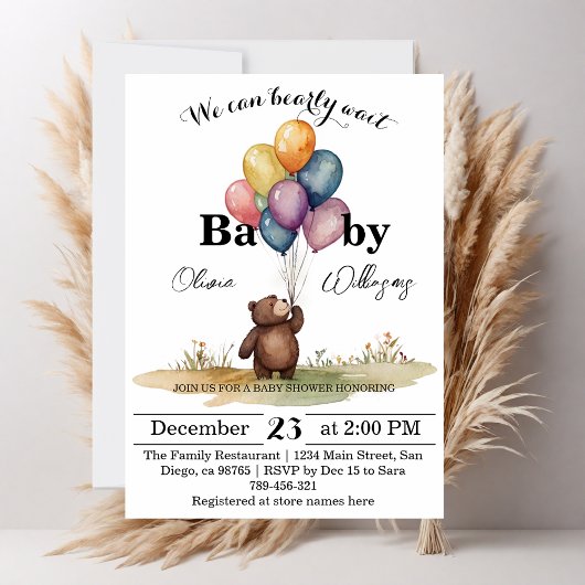 クマをテーマにした赤男女兼用ちゃんシャワー 招待状