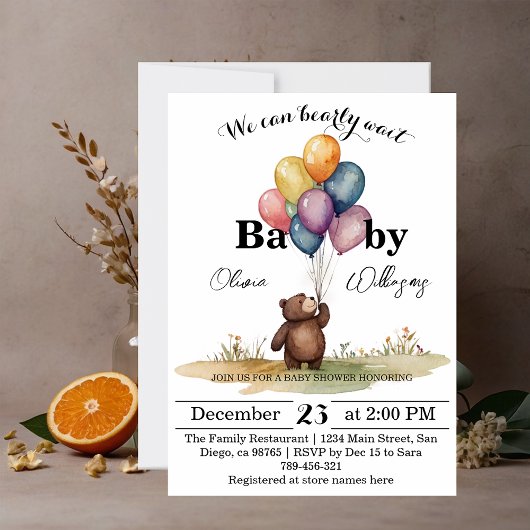 クマをテーマにした赤男女兼用ちゃんシャワー 招待状