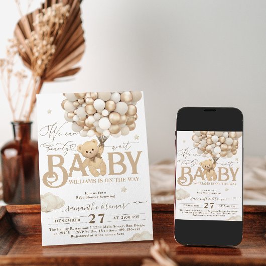 クマをテーマにした赤男女兼用ちゃんシャワー 招待状