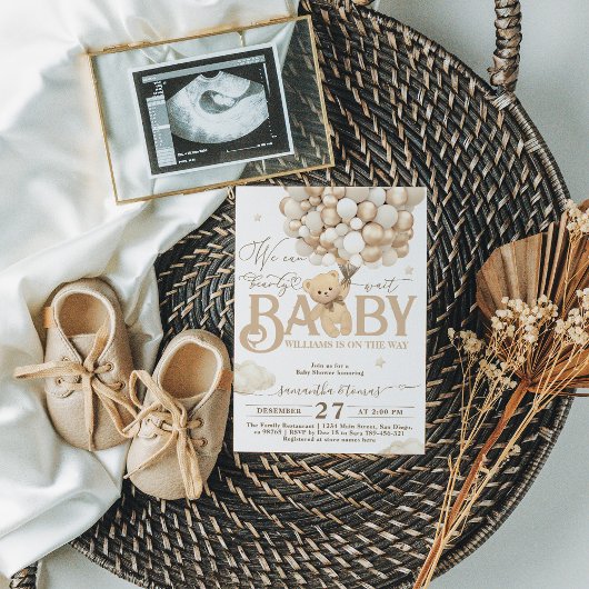 クマをテーマにした赤男女兼用ちゃんシャワー 招待状