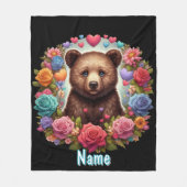 クマパーソナライズされたクブとバラとハート フリースブランケット (正面)