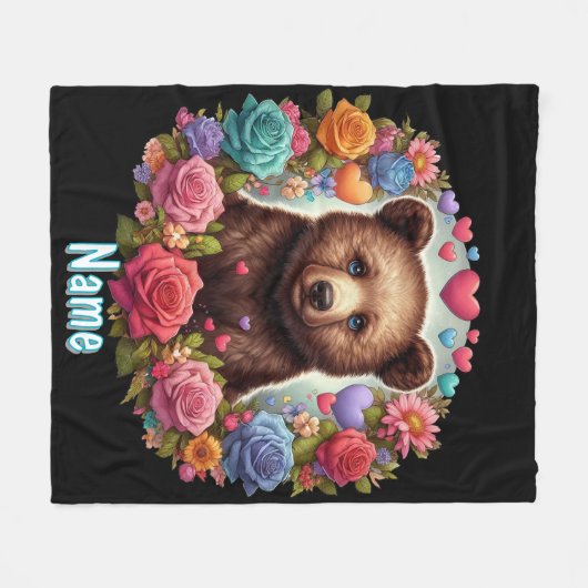 クマパーソナライズされたクブとバラとハート フリースブランケット (正面(横))