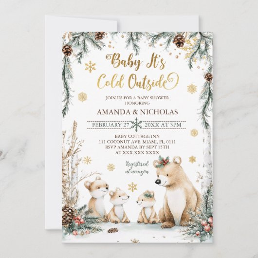 クマベビー冬のベビーシャワー外は寒い 招待状 (正面)