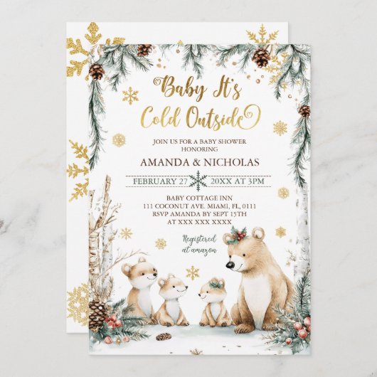 クマベビー冬のベビーシャワー外は寒い 招待状 (正面/裏面)