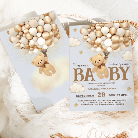 クマ保持バルーンほこりっぽい青い男の赤ちゃんシャワー 招待状