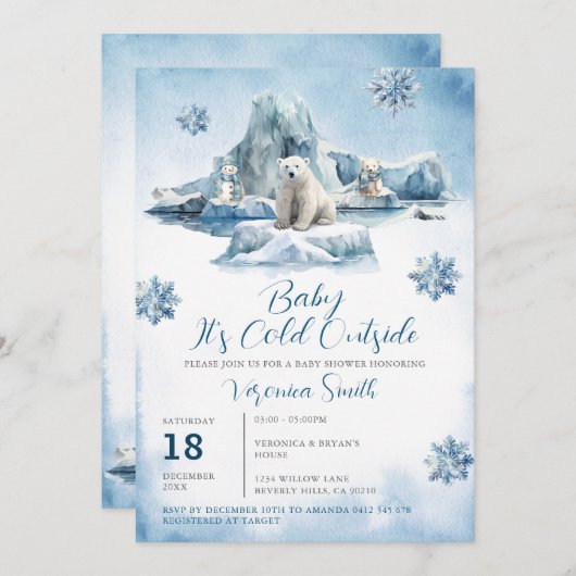 クマ冬の北極動物赤ちゃんシャワー雪 招待状 (正面/裏面)