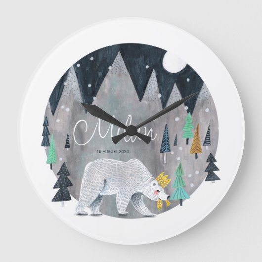 クマ冬の山月 ラージ壁時計 (正面)