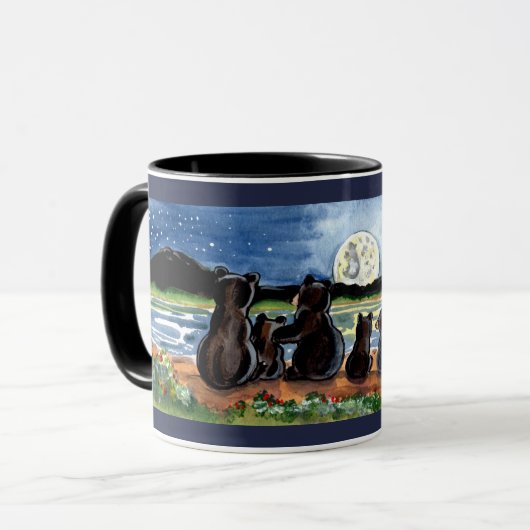 クマ家族と月の夜の時間デザイナーブルーマグカップ マグカップ (正面左)