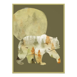 クマ歩くインウッズムーン絵を描フォレスト野生動物 フォトプリント           