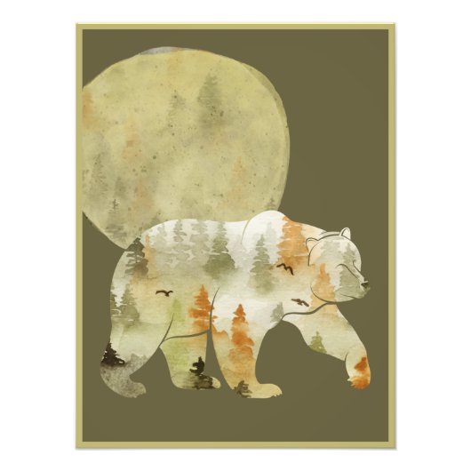 クマ歩くインウッズムーン絵を描フォレスト野生動物 フォトプリント (正面)