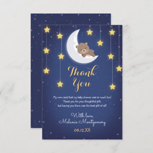 クマ眠る愛あなたを月のバックベビーシャワー サンキューカード (正面/裏面)