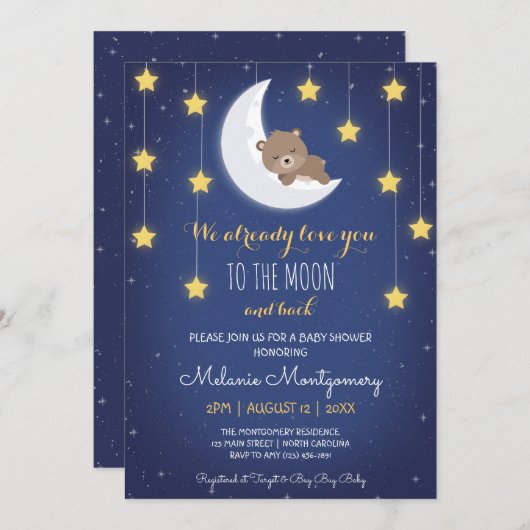 クマ眠る愛あなたを月のバックベビーシャワー 招待状 (正面/裏面)
