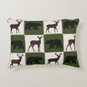 クマ素朴と鹿、ダークグリーンとクリームの正方形 アクセントクッション (正面)