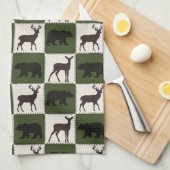 クマ素朴と鹿、ダークグリーンとクリームの正方形 キッチンタオル (四つ折り)