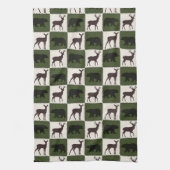 クマ素朴と鹿、ダークグリーンとクリームの正方形 キッチンタオル (縦)
