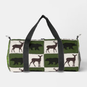 クマ素朴と鹿、ダークグリーンとクリームの正方形 ダッフルバッグ (正面)
