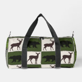 クマ素朴と鹿、ダークグリーンとクリームの正方形 ダッフルバッグ (裏面)