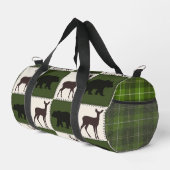 クマ素朴と鹿、ダークグリーンとクリームの正方形 ダッフルバッグ (右コーナー)