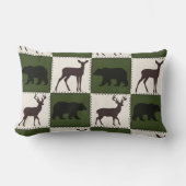 クマ素朴と鹿、ダークグリーンとクリームの正方形 ランバークッション (正面)