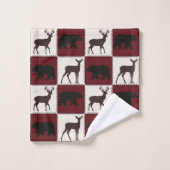 クマ素朴と鹿、ダークレッド&クリームスクウェア バスタオルセット (ウォッシュタオル)