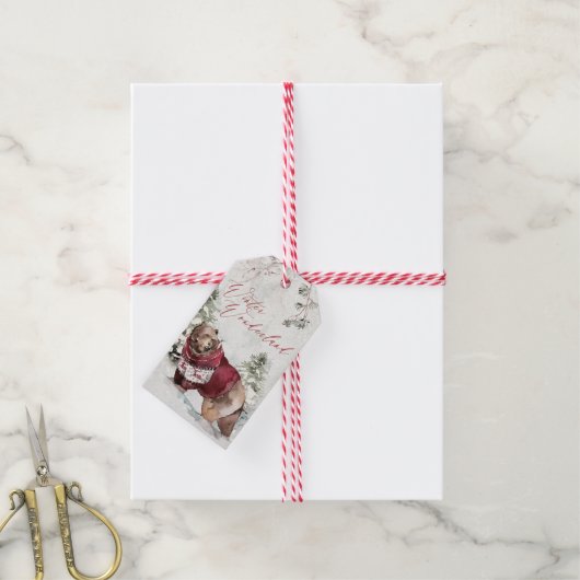 クマ素朴冬の雪景色クリスマス ギフトタグ (より糸付き)