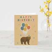 クマ誕生日カード – 風船付き森林動物 カード (黄色い花)