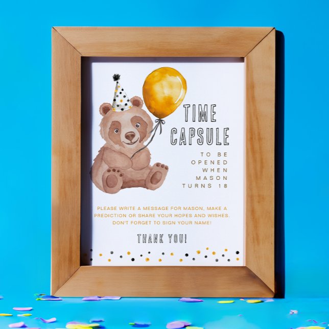 クマ誕生日タイムカプセルサイン – Teddy Bear First (Time Capsule Activity Sign )