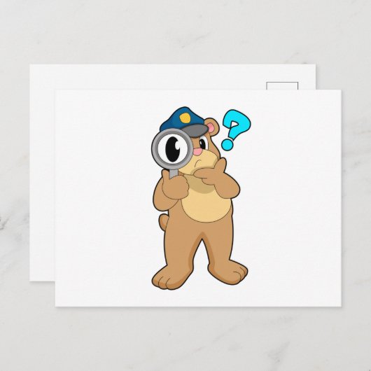 クマ警察官の虫眼鏡 ポストカード (正面/裏面)