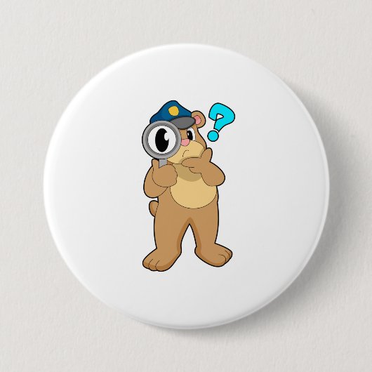 クマ警察官の虫眼鏡 缶バッジ (正面)