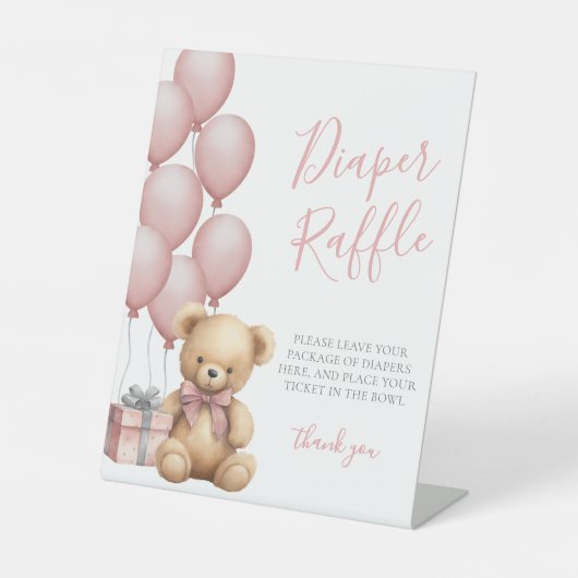 クマ赤ちゃんシャワーおむつラッフルエンクロージャカード 台座サイン (正面)