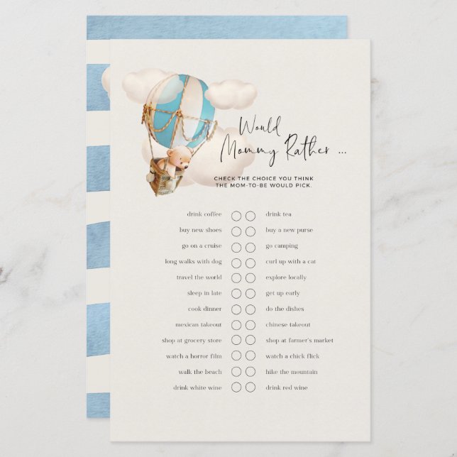 クマ赤ちゃんシャワーのゲーム – ママはむしろ？ (正面/裏面)