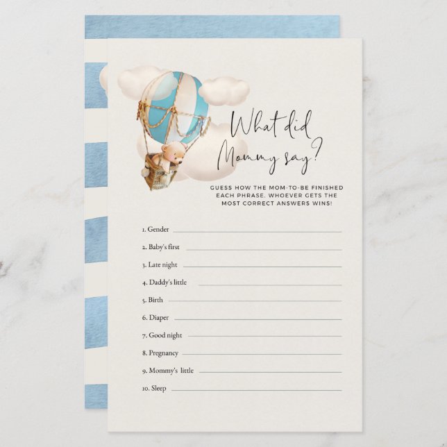 クマ赤ちゃんシャワーのゲーム – ママは何と言った？ (正面/裏面)