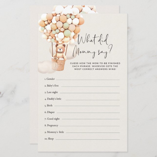 クマ赤ちゃんシャワーのゲーム – ママは何と言った？ (正面/裏面)