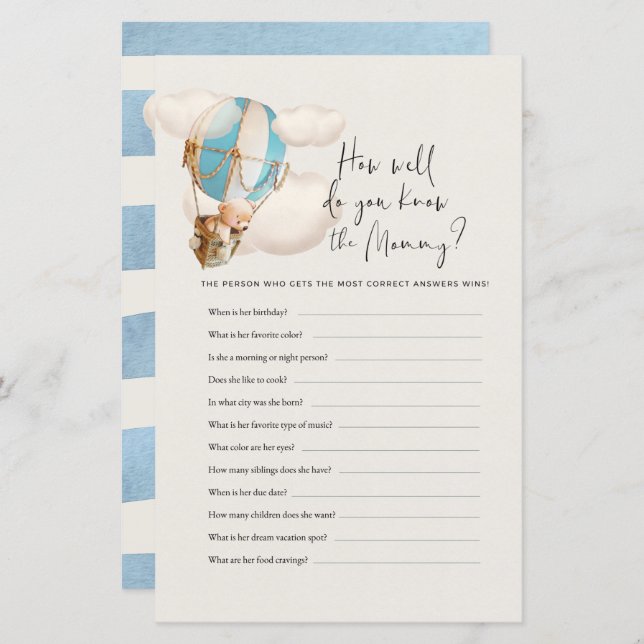 クマ赤ちゃんシャワーのゲーム – ママを知ってるか？ (正面/裏面)