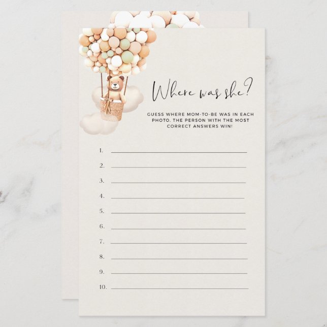 クマ赤ちゃんシャワーのゲーム – 彼女はどこだった？ (正面/裏面)
