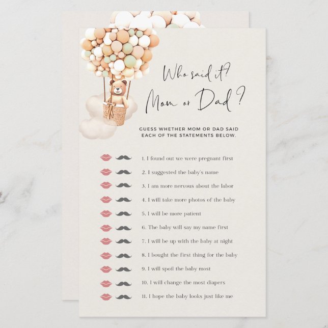 クマ赤ちゃんシャワーのゲーム – 誰が言った – ママまたはパパ? (正面/裏面)
