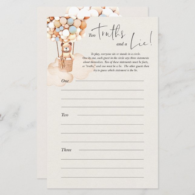 クマ赤ちゃんシャワーのゲーム – 2つの真実と嘘！ (正面/裏面)