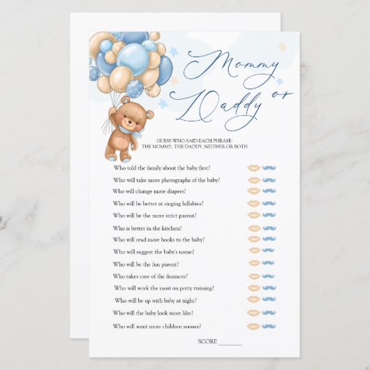 クマ赤ちゃんシャワーゲーム誰がママまたはパパ (正面/裏面)