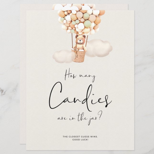 クマ赤ちゃんシャワーゲーム – 瓶の中にキャンディーの数 (正面/裏面)